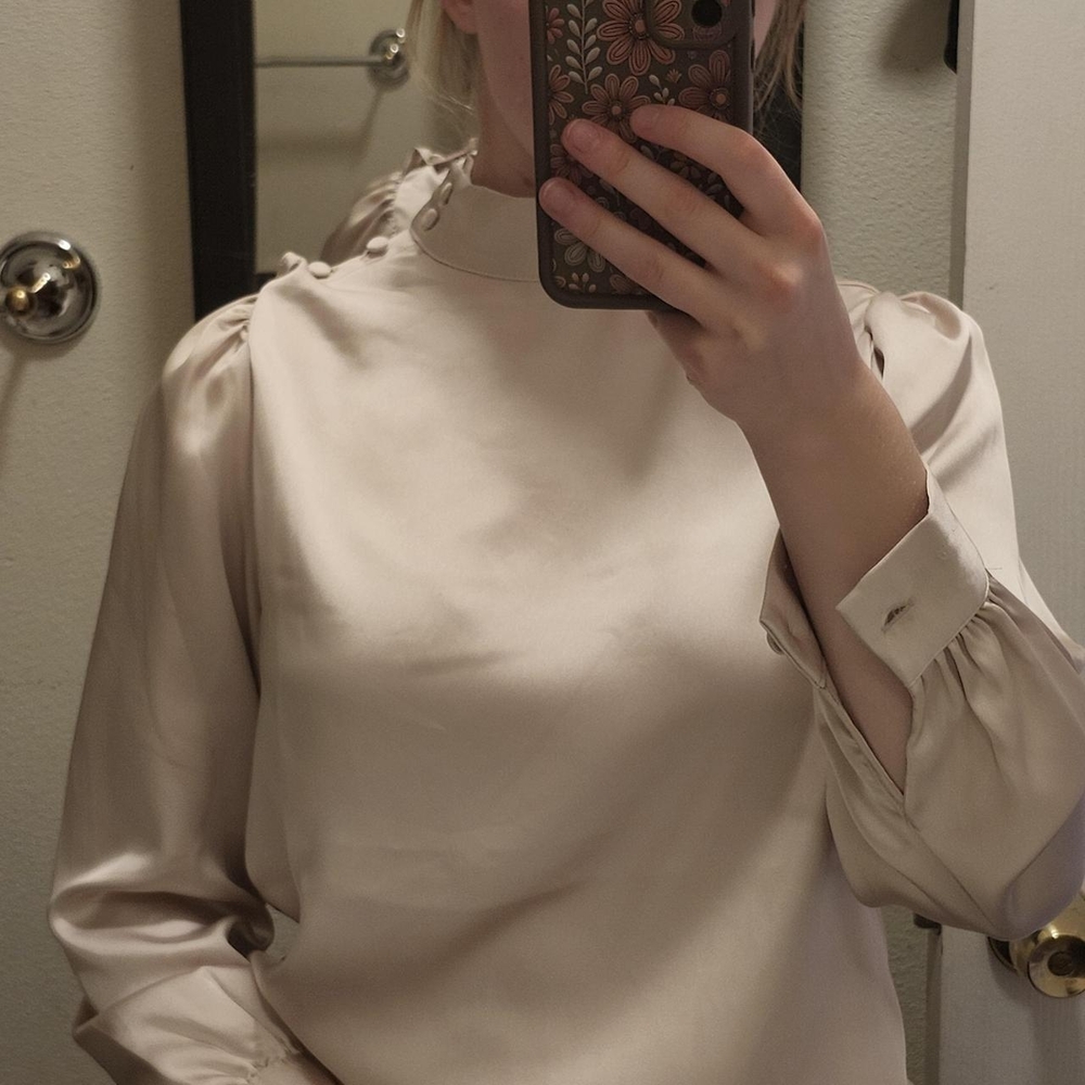 Astr Cream Boxy Blouse with Mandarin Collar